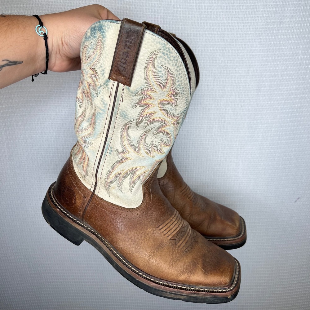 Justin Original Workboots Mens WK4683 Brown Leather Square Toe Western Boots 7D